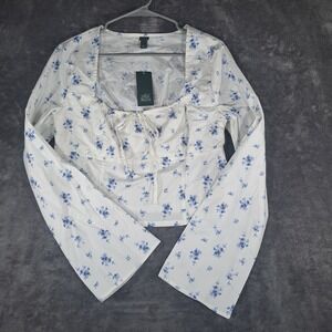Wild Fable Blue Floral Bell Sleeve Tie Front Top White LG Coquette Cottagecore